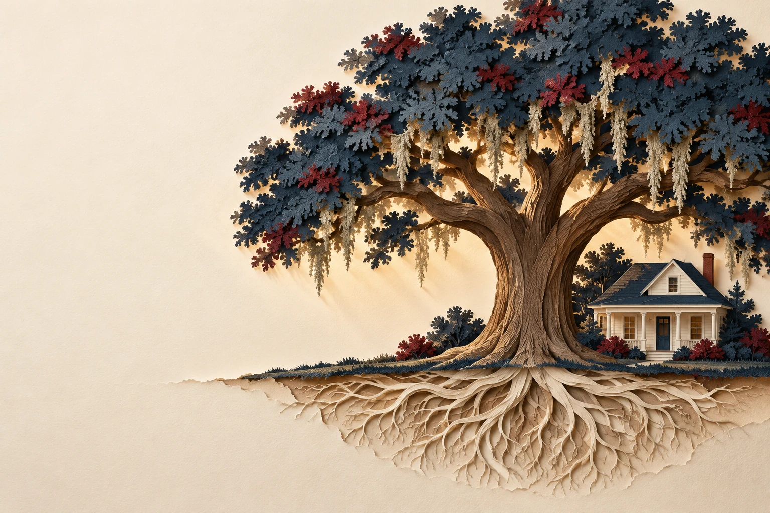 A Louisiana live oak shelters a home, with strong roots beneath it.